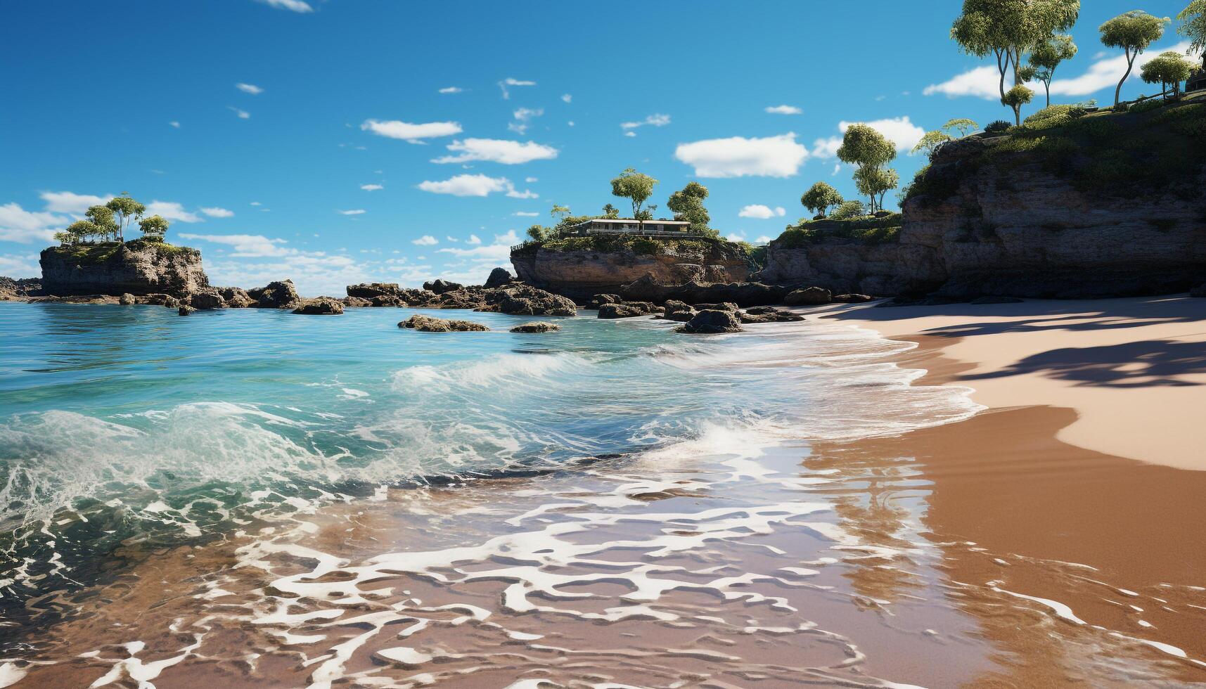 A tranquil scene of a tropical coastline, waves crashing on sand generated by AI photo