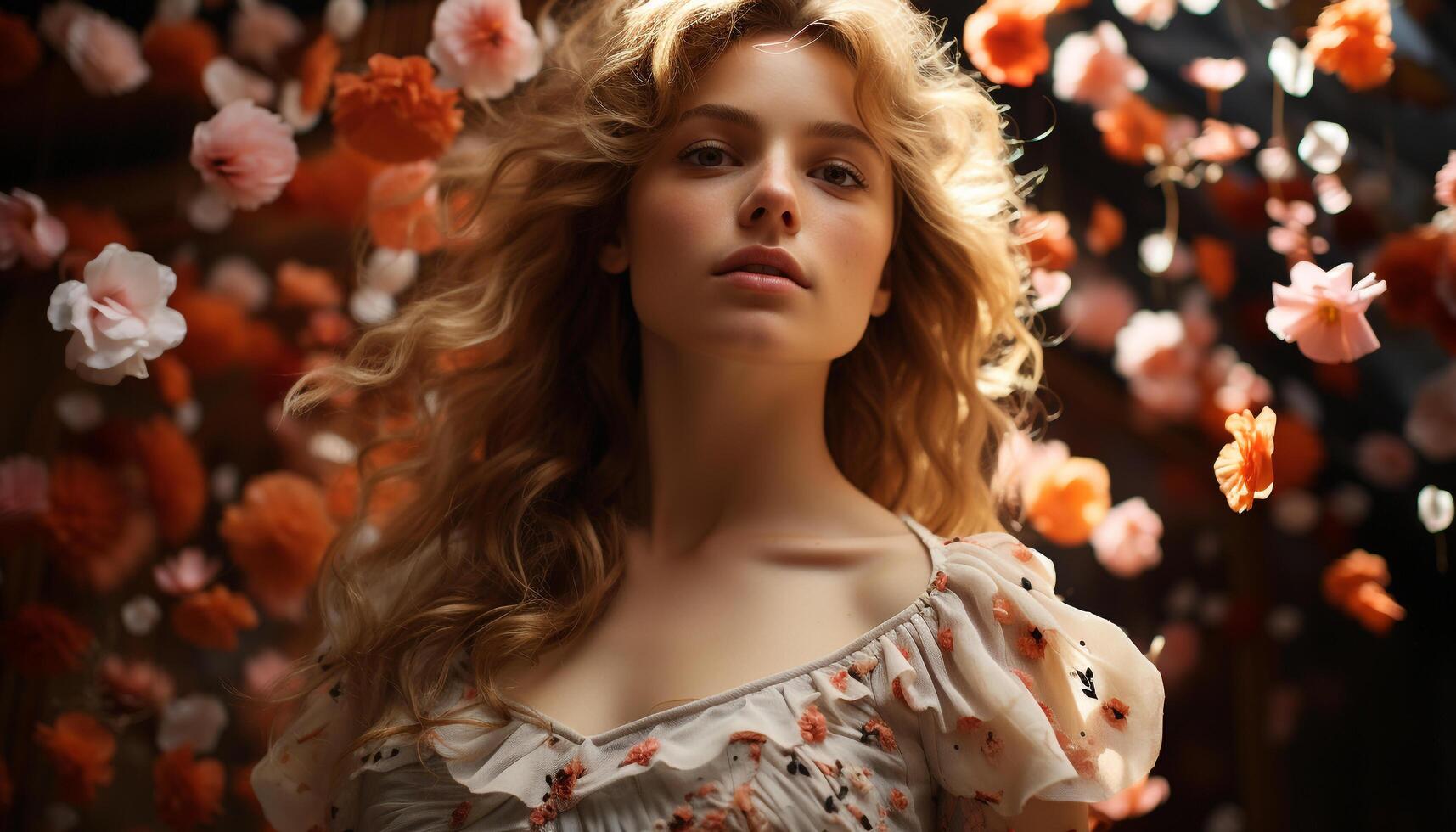 A beautiful young woman with blond hair smiles in nature generated by AI photo