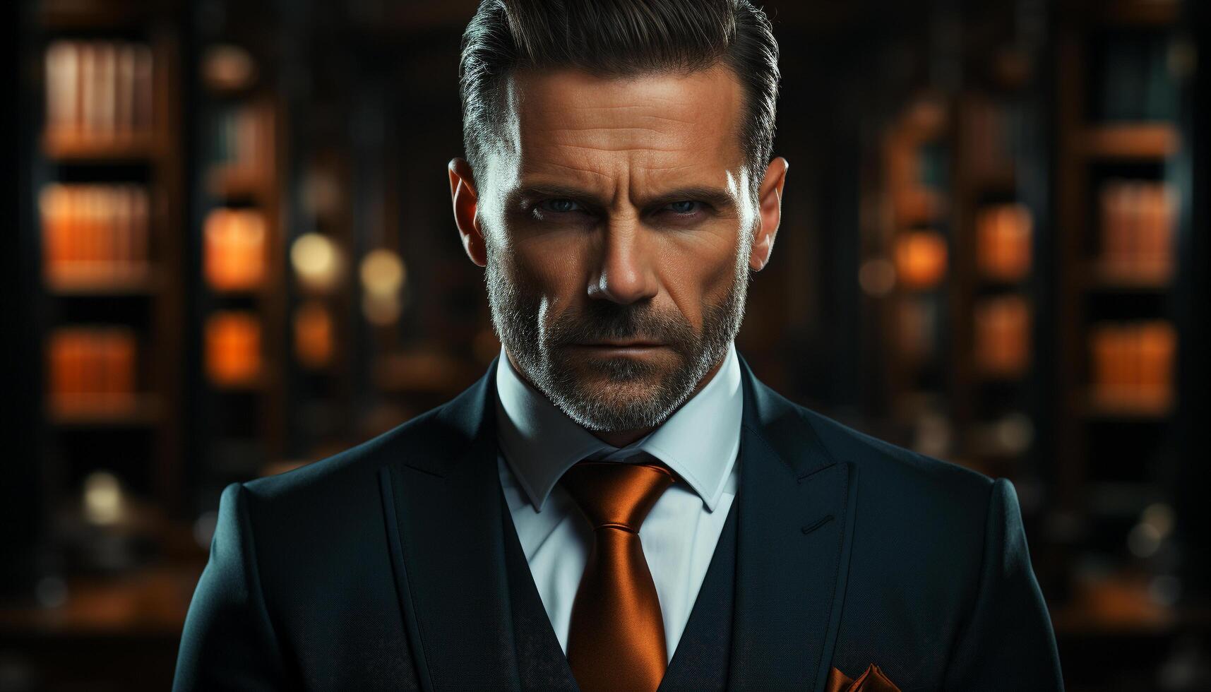 Confident businessman in suit, looking at camera with serious expression generated by AI photo