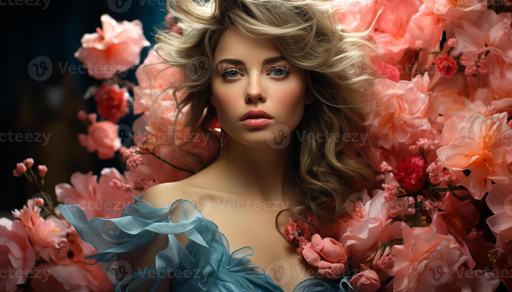 A beautiful young woman with blond hair and a pink dress generated by AI photo