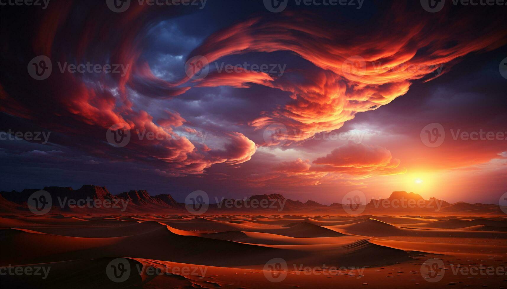 majestuoso puesta de sol terminado arena dunas, naturaleza belleza en panorámico ver generado por ai foto
