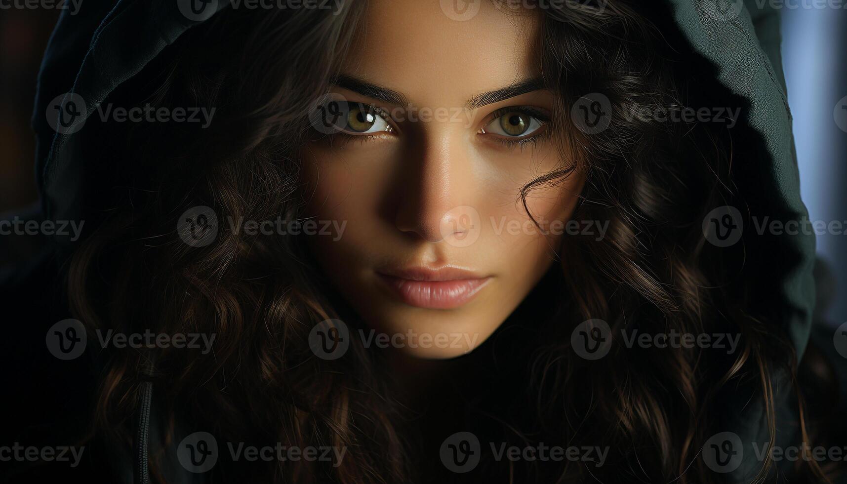 A beautiful young woman with long brown hair looking at camera generated by AI photo