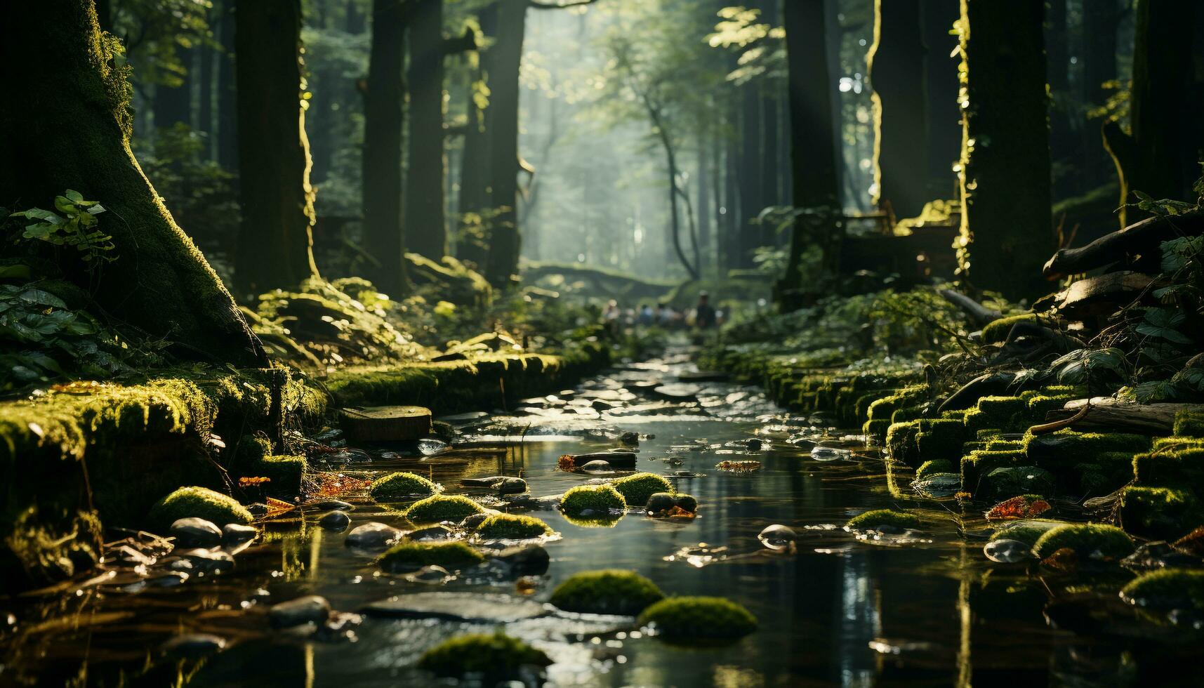 tranquilo escena de un mojado bosque con verde arboles y follaje generado por ai foto