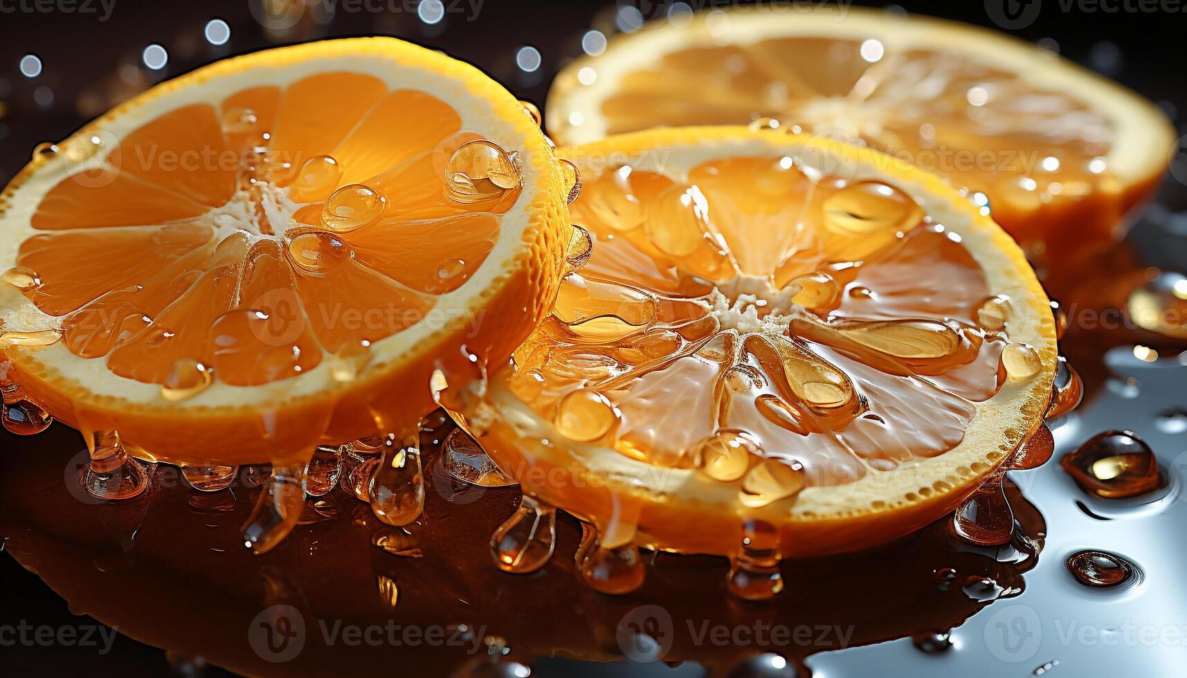 Freshness of citrus fruit, close up of wet lemon slice generated by AI photo