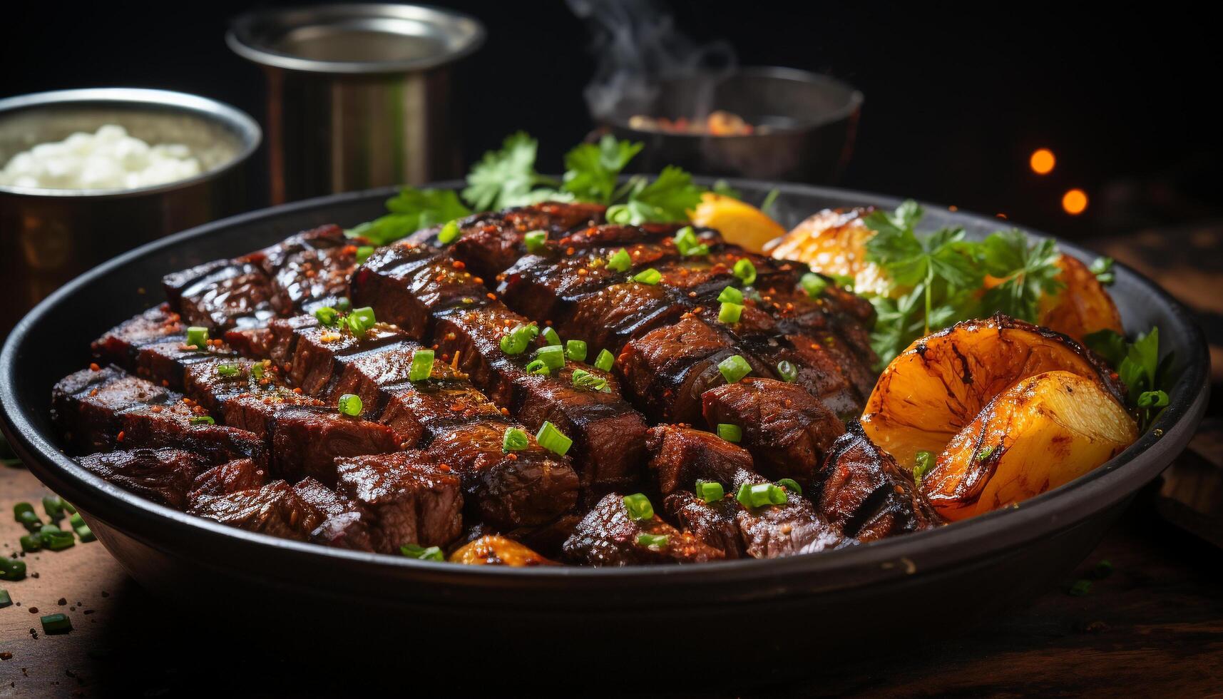 Grilled meat, barbecue meal, cooked beef, pork, freshness, vegetable salad generated by AI photo
