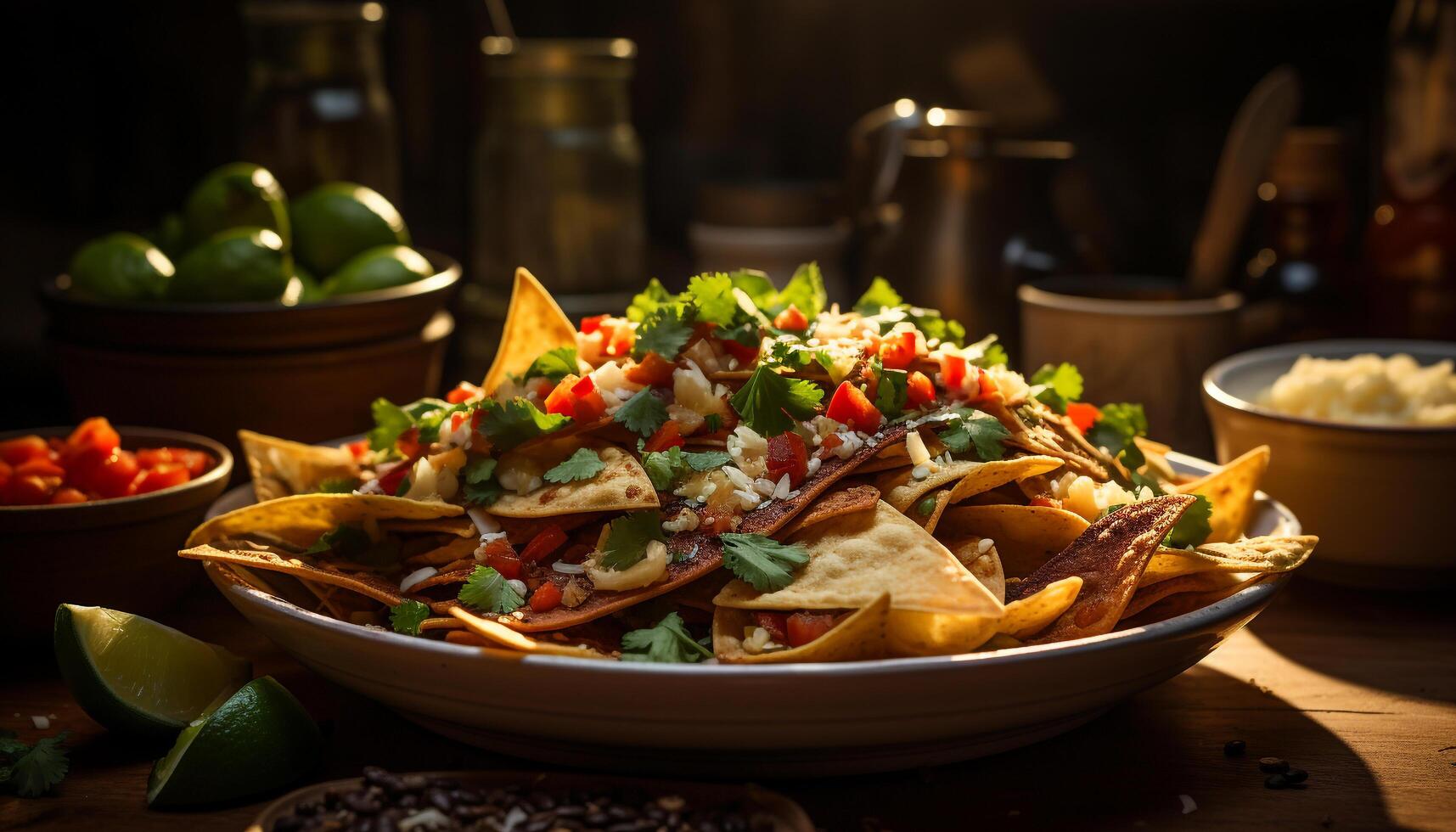 Freshness and spice in a bowl of guacamole and taco generated by AI photo