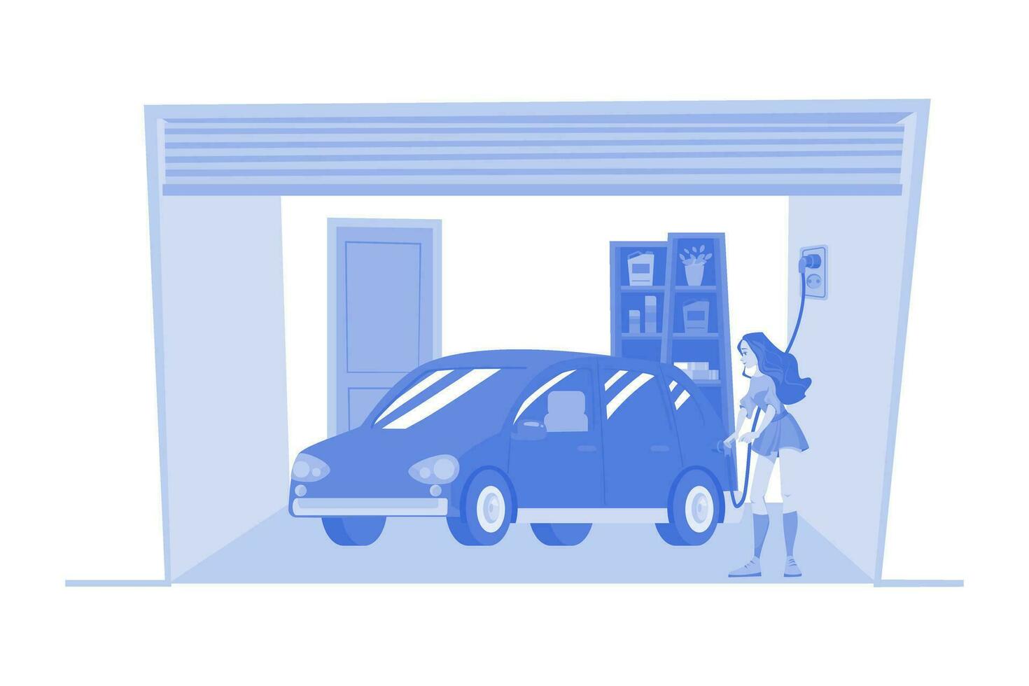 mujer cargando un coche eléctrico en casa vector