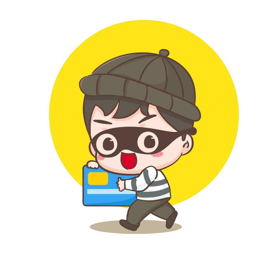 Cute cyber criminals hack and steal credit card information cartoon character. Robber concept design isolated background. Adorable chibi vector art illustration.