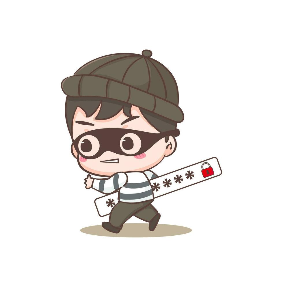 Cute thief stealing account cartoon character. Robber concept design isolated background. Adorable chibi vector art illustration.