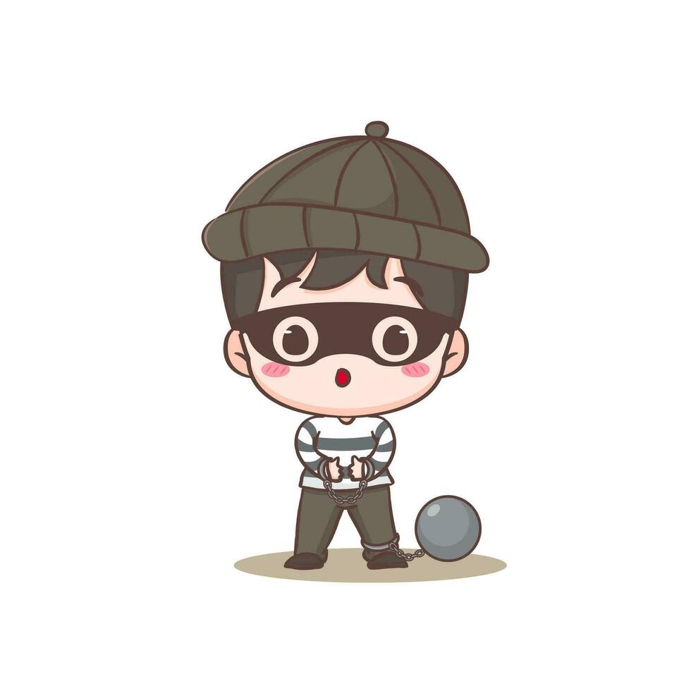 Cute thief in handcuffs cartoon character. Robber concept design isolated background. Adorable chibi vector art illustration.