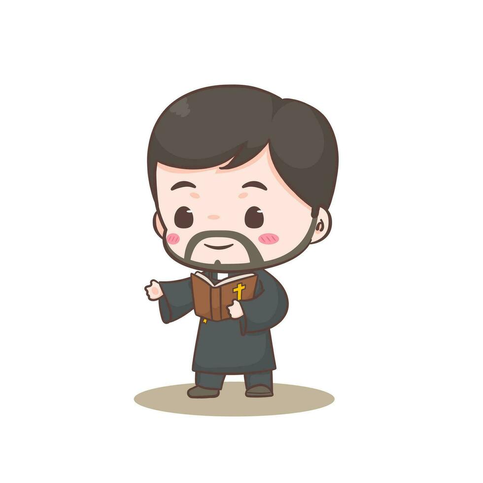 Cute priest or pastor cartoon character illustration. Christian and catholic religion concept design. Profession illustration. Adorable chibi style vector