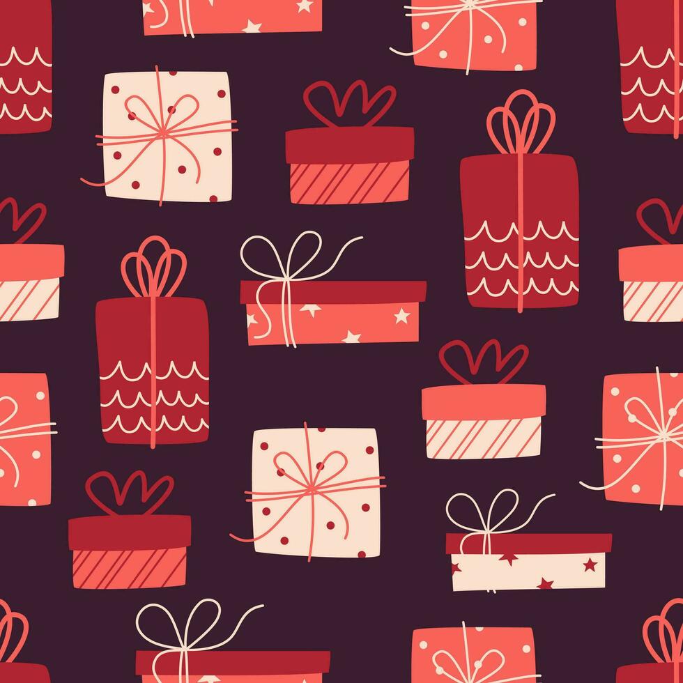 Festive vector pattern with gifts on a brown background.