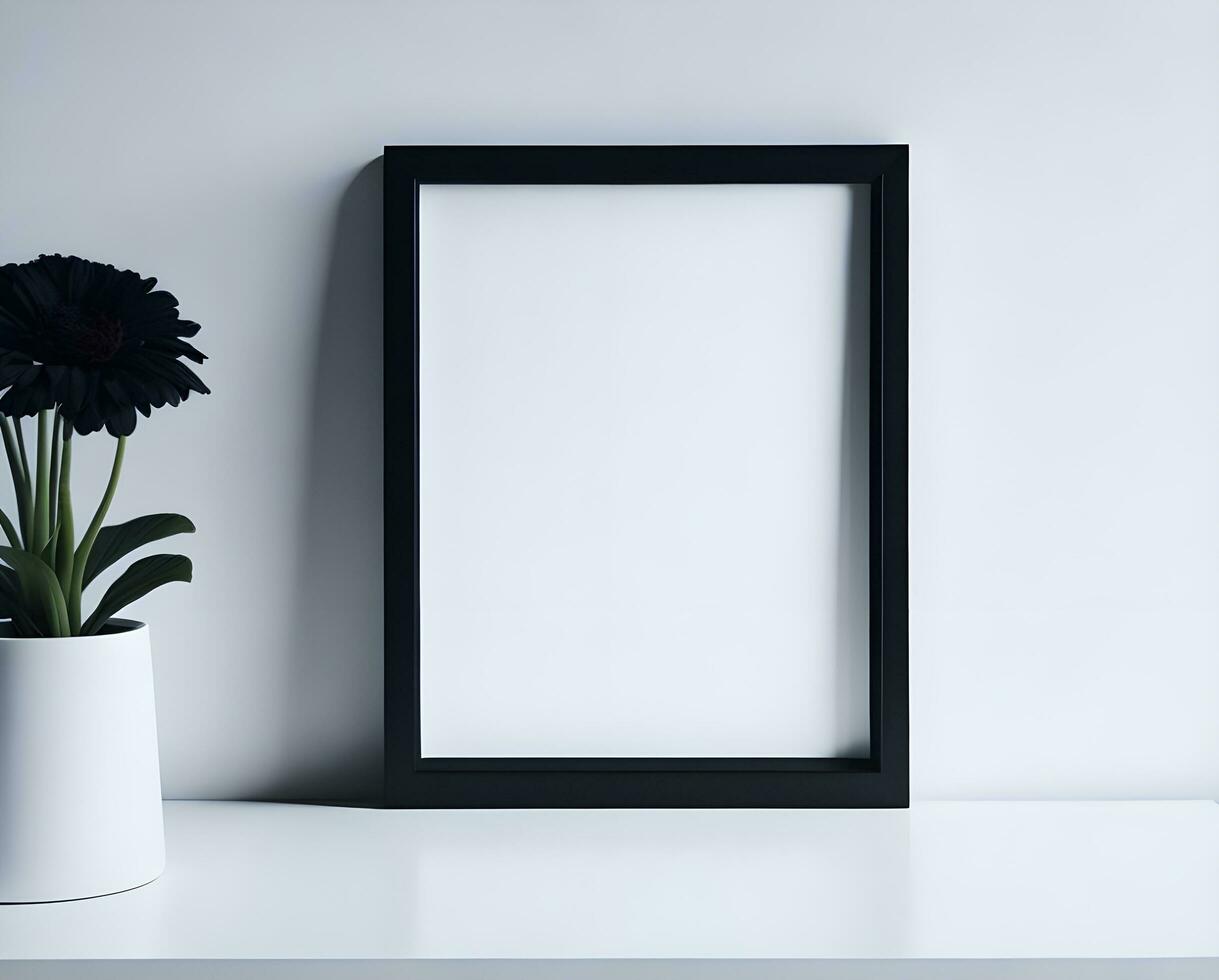 White blank frame mockup with black border on wall and flower ai generate photo