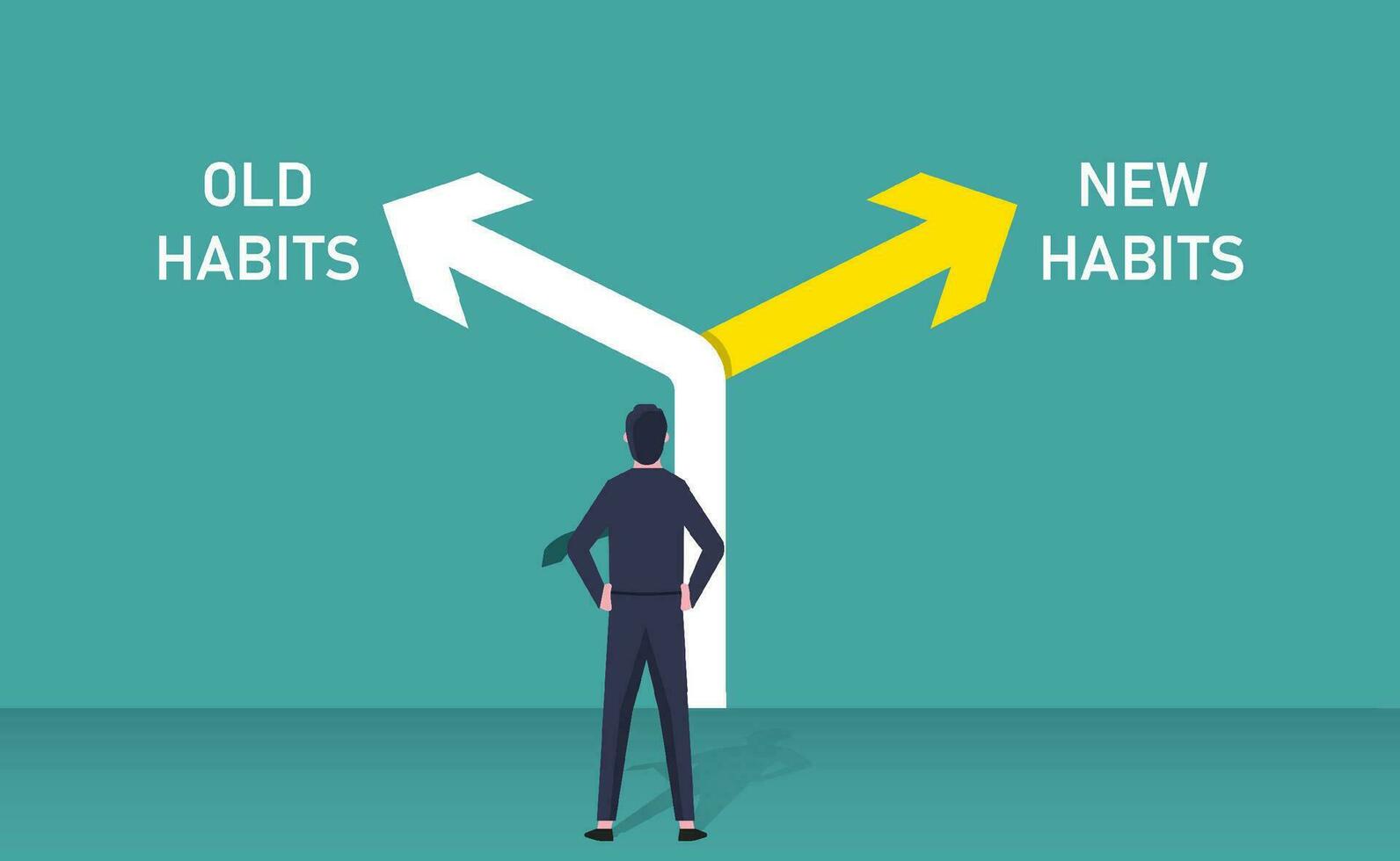 Old habits vs new habits concept, businessman standing in front of arrow written old vs new habits, dilemma choice, positive thinking and motivation to change better vector