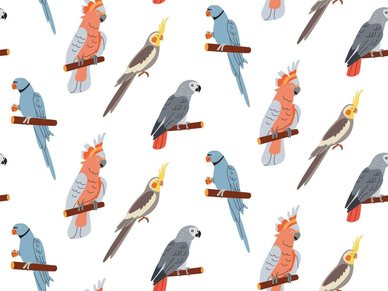Parrots, exotic seamless pattern. Endless tropical background, jungle birds. Repeating print design. Colored flat vector illustration for textile, wallpaper.