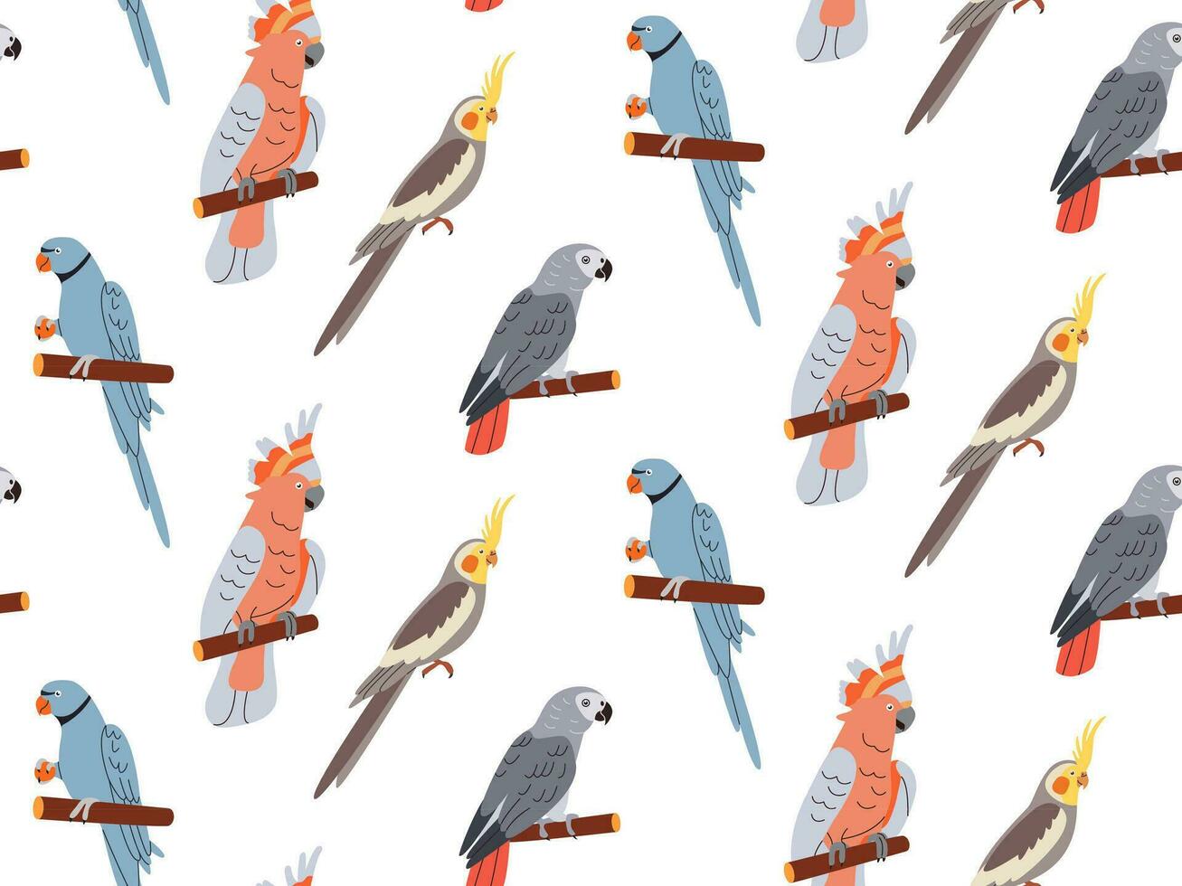 Parrots, exotic seamless pattern. Endless tropical background, jungle birds. Repeating print design. Colored flat vector illustration for textile, wallpaper.