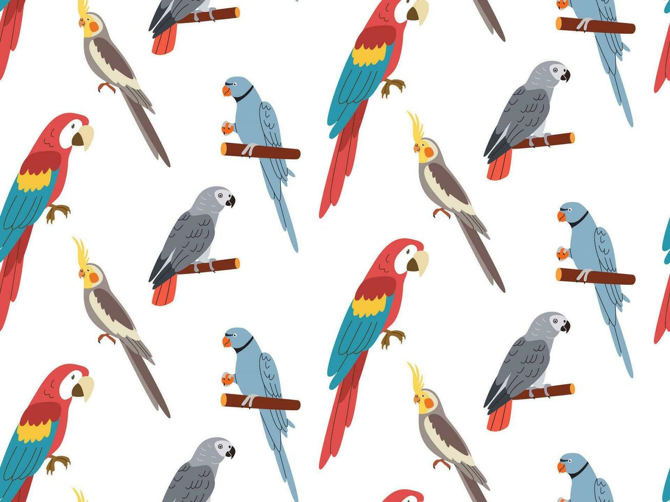 Parrots, exotic seamless pattern. Endless tropical background, jungle birds. Repeating print design. Colored flat vector illustration for textile, wallpaper.