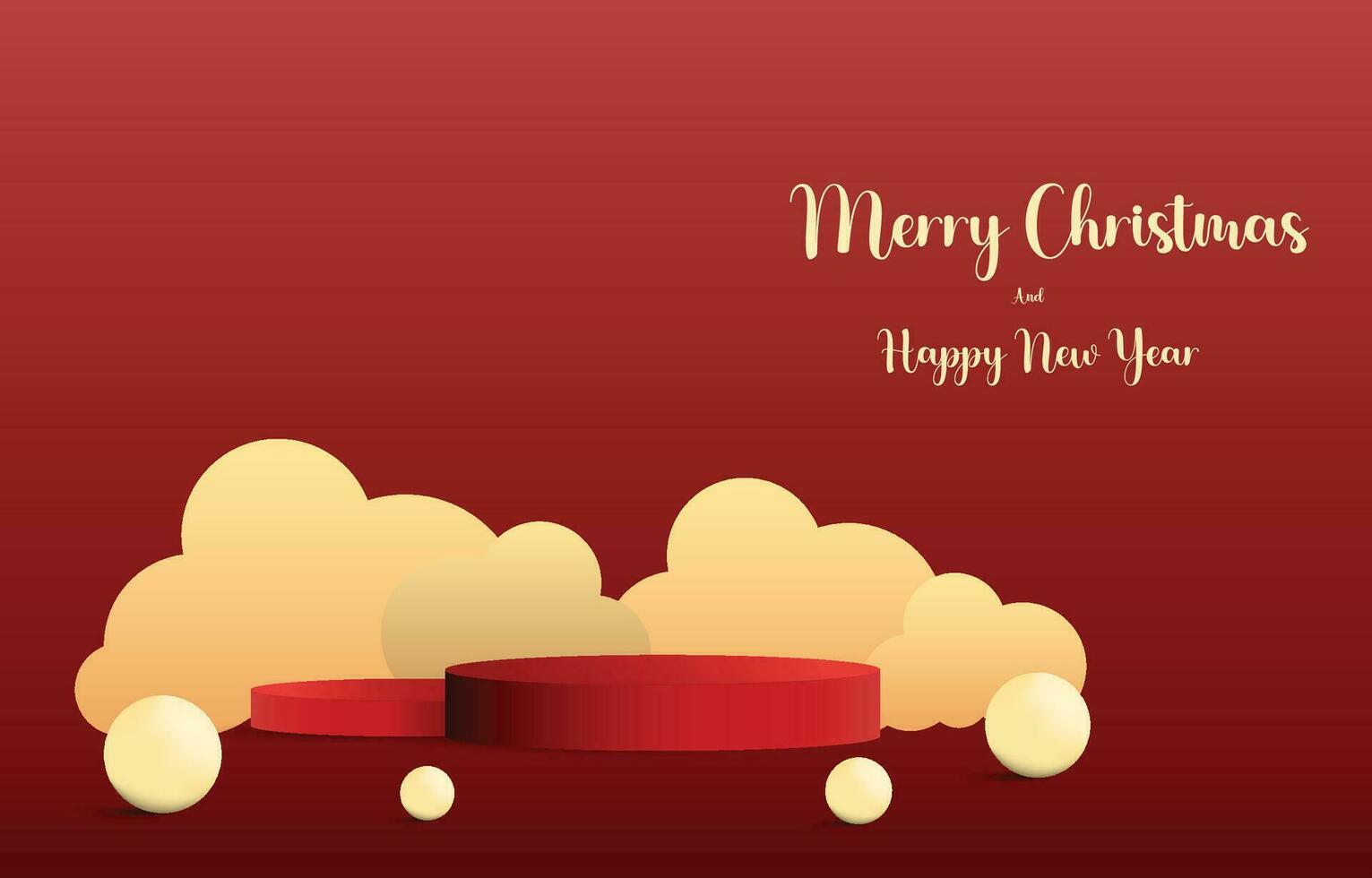 Red Christmas podium decorated with golden clouds. Empty cylinder mockup background image concept. Vector for design sales and product advertising materials.