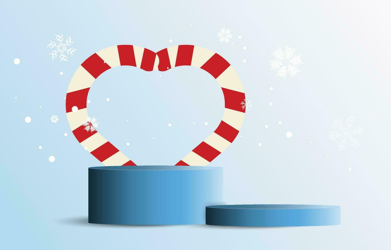 Blue Christmas podium decorated with candy cane and snowflakes. Empty cylinder mockup background image concept. Vector for design sales and product advertising materials.