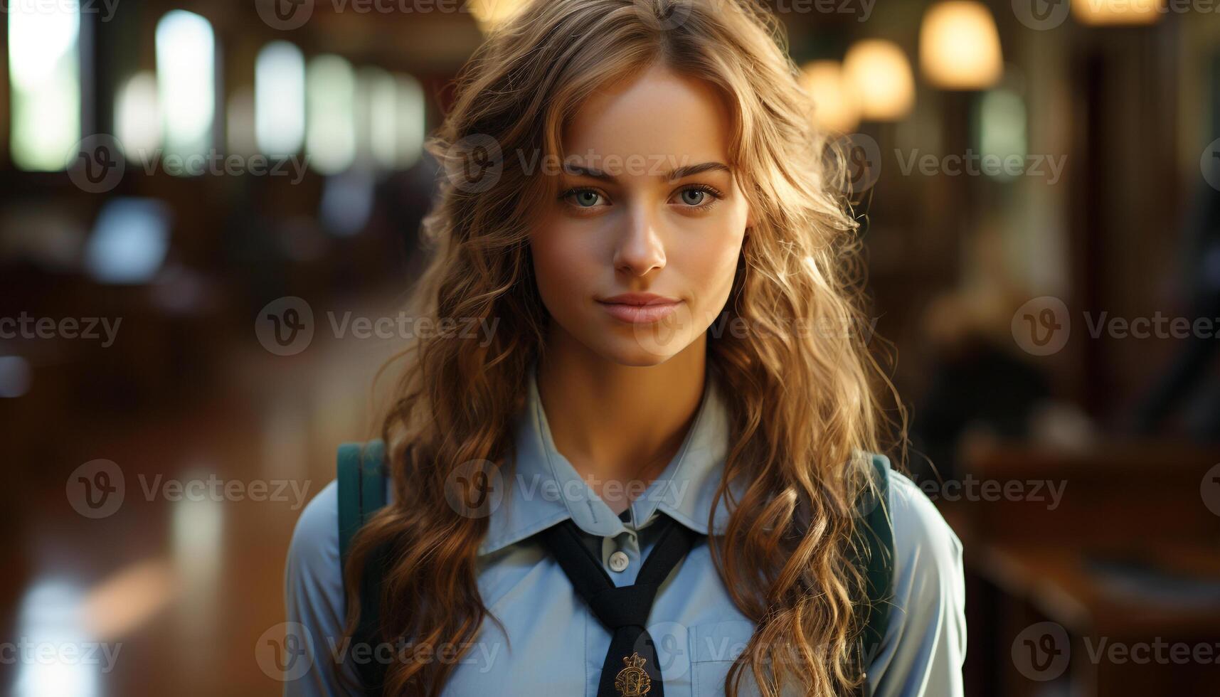 A confident young woman with brown hair smiling at the camera generated by AI photo