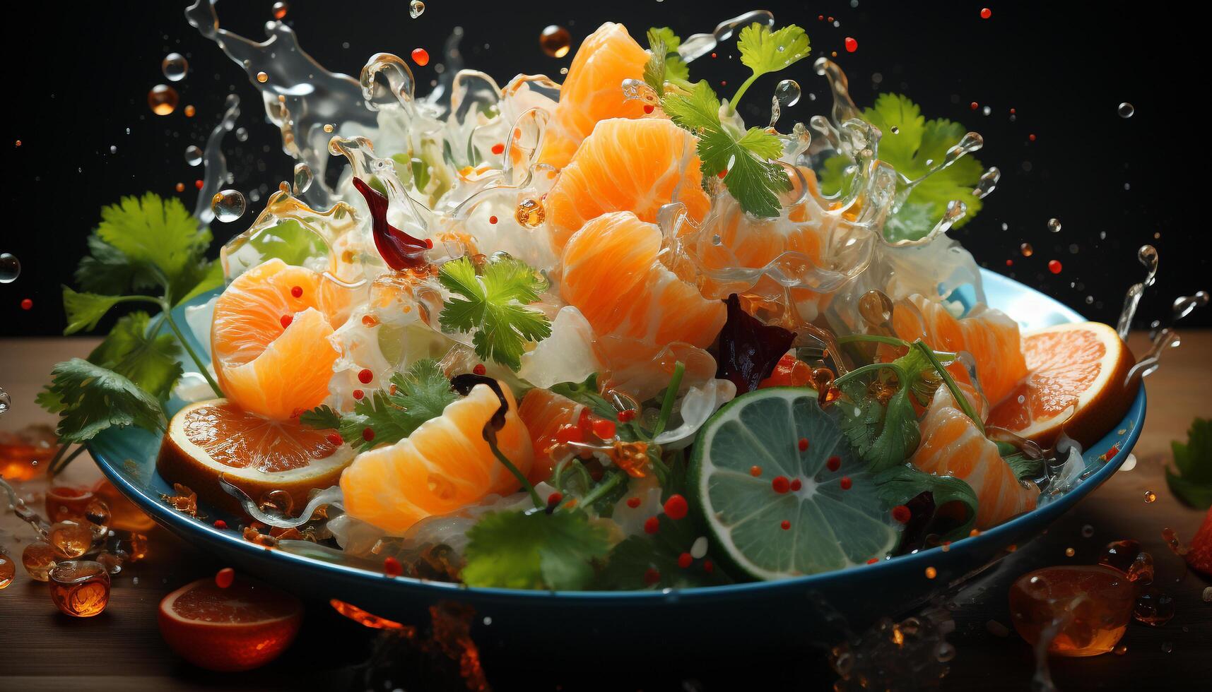 Fresh seafood sashimi, healthy eating, gourmet meal, grilled steak variation generated by AI photo