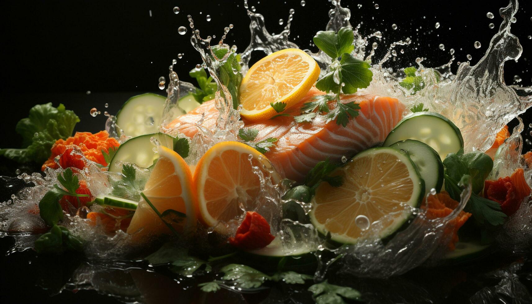 Fresh seafood and vegetables create a healthy gourmet meal underwater generated by AI photo