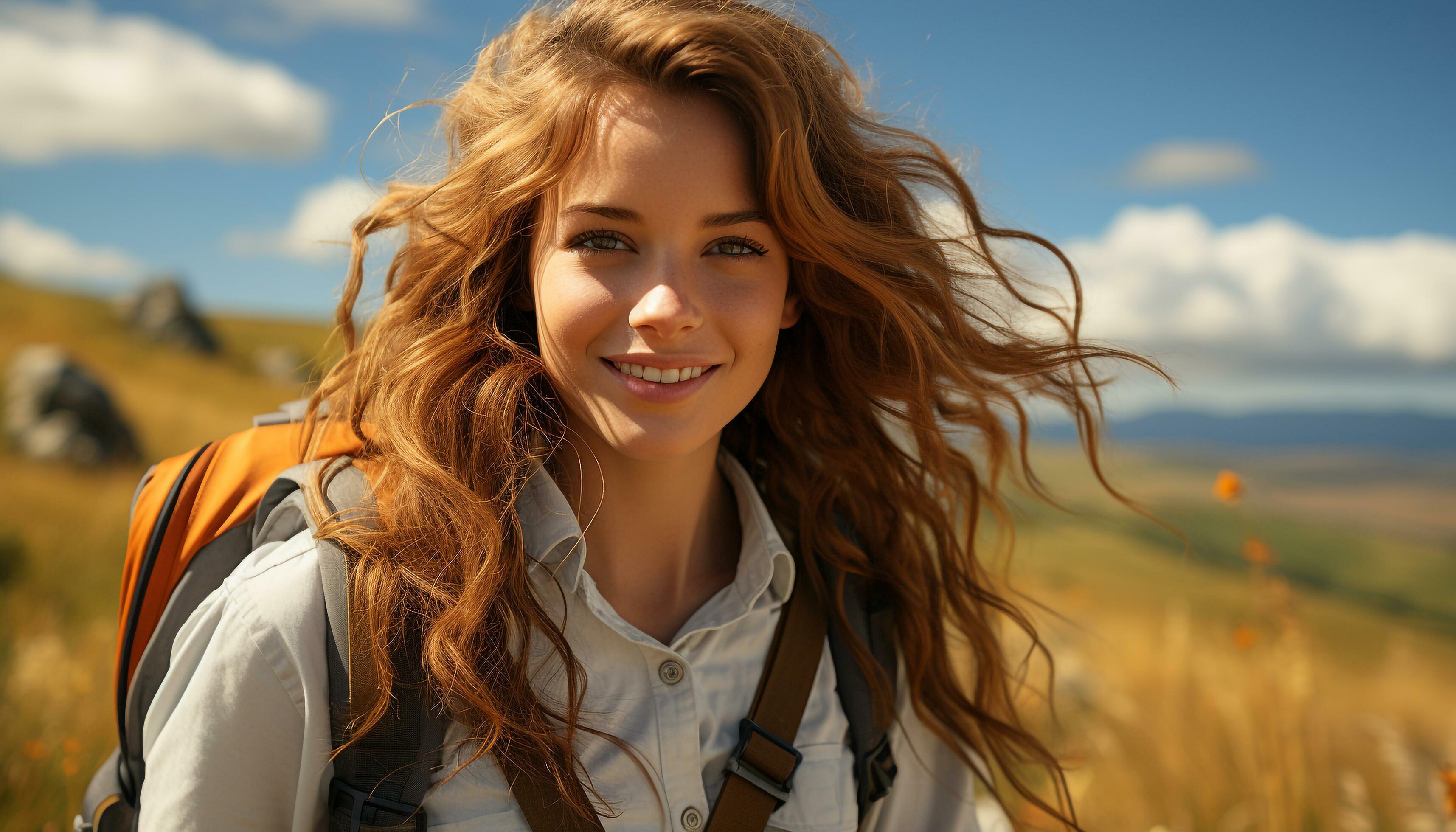 Young woman hiking in the mountains, smiling, enjoying nature beauty ...
