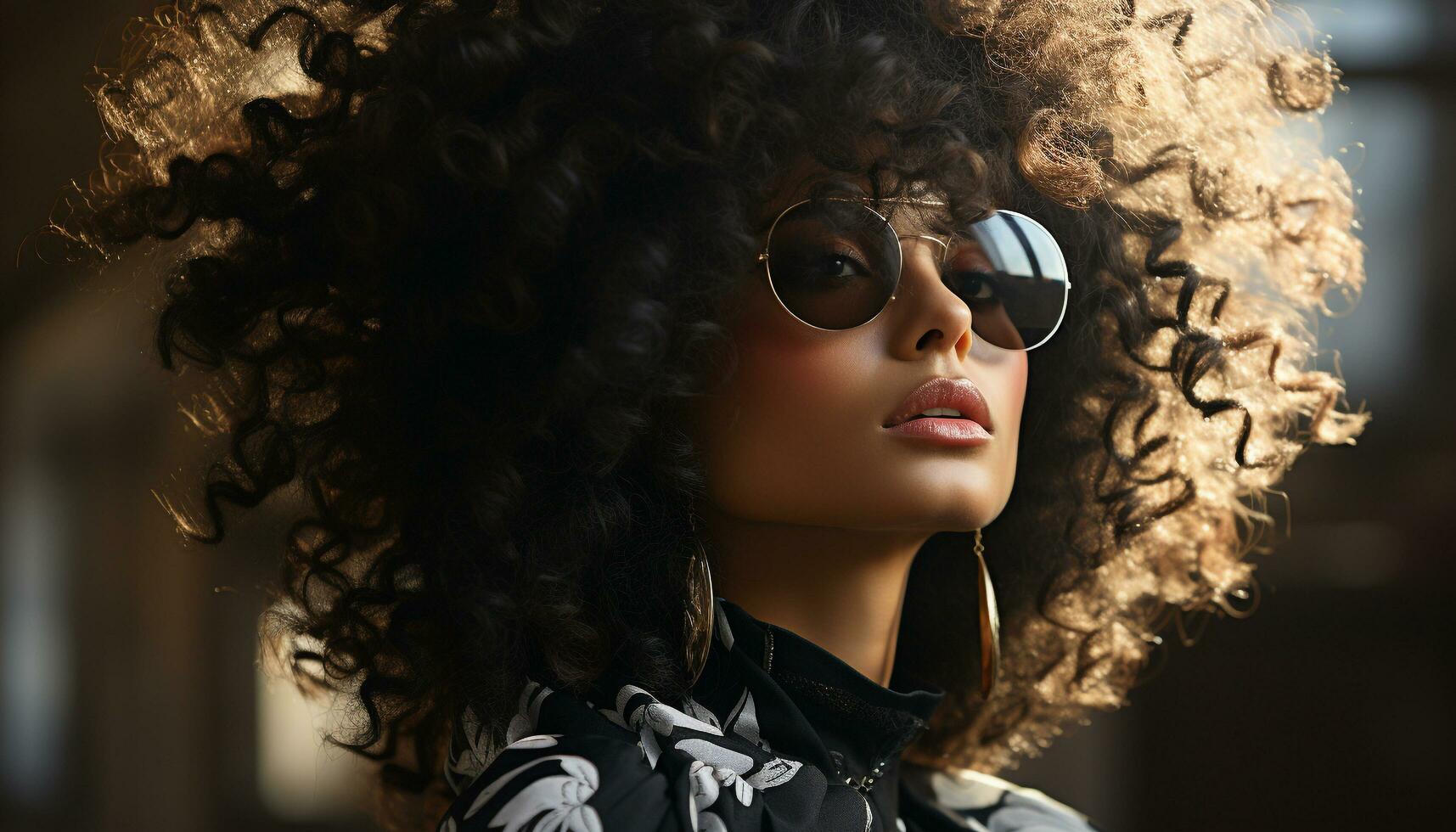 Young adult woman with curly hair wearing sunglasses and fashionable clothing generated by AI photo