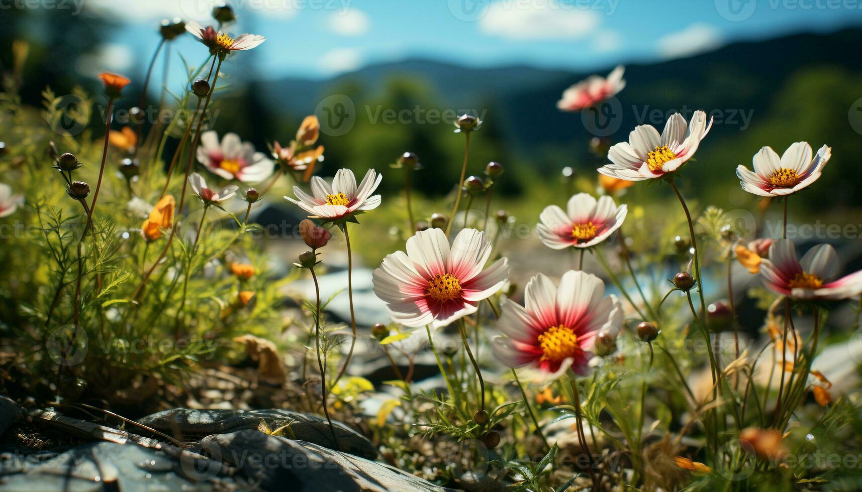 hermosa prado de flores silvestres en el verano, un naturaleza obra maestra generado por ai foto