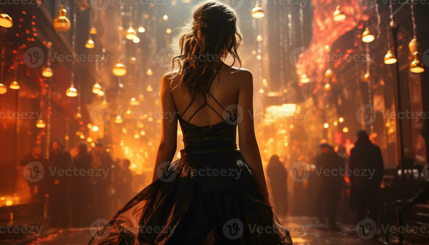 Young adult woman in elegant dress dances outdoors at night generated by AI photo