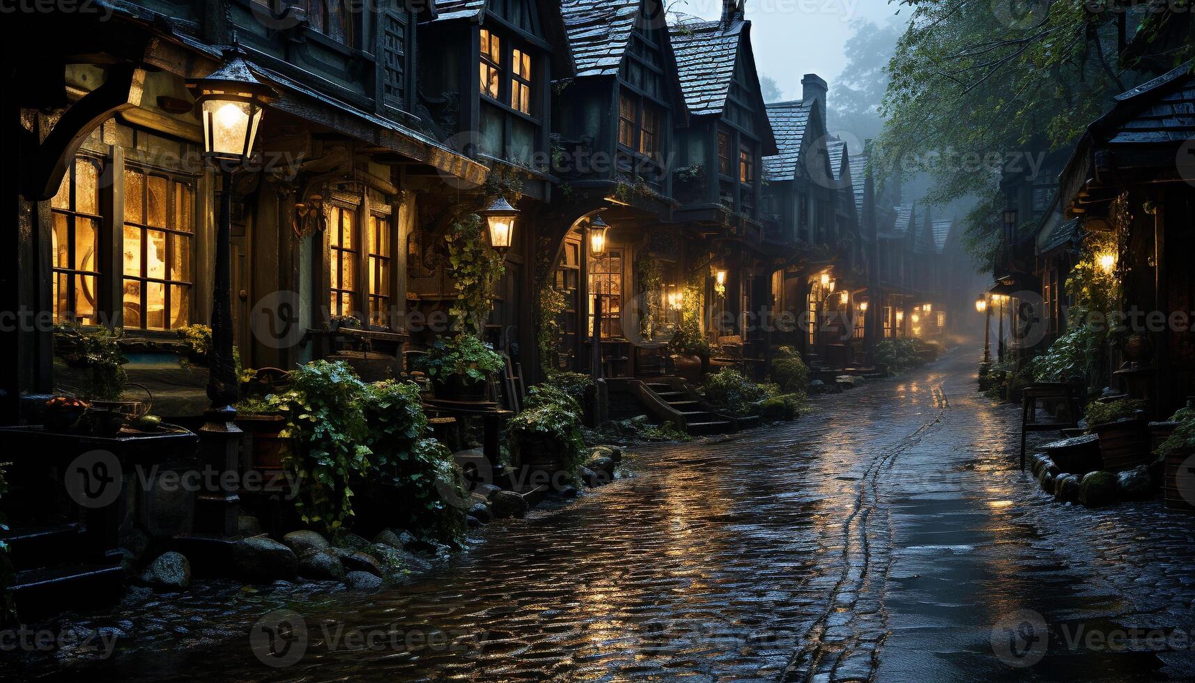 Spooky medieval street, illuminated by lanterns, reflects ancient city history generated by AI photo