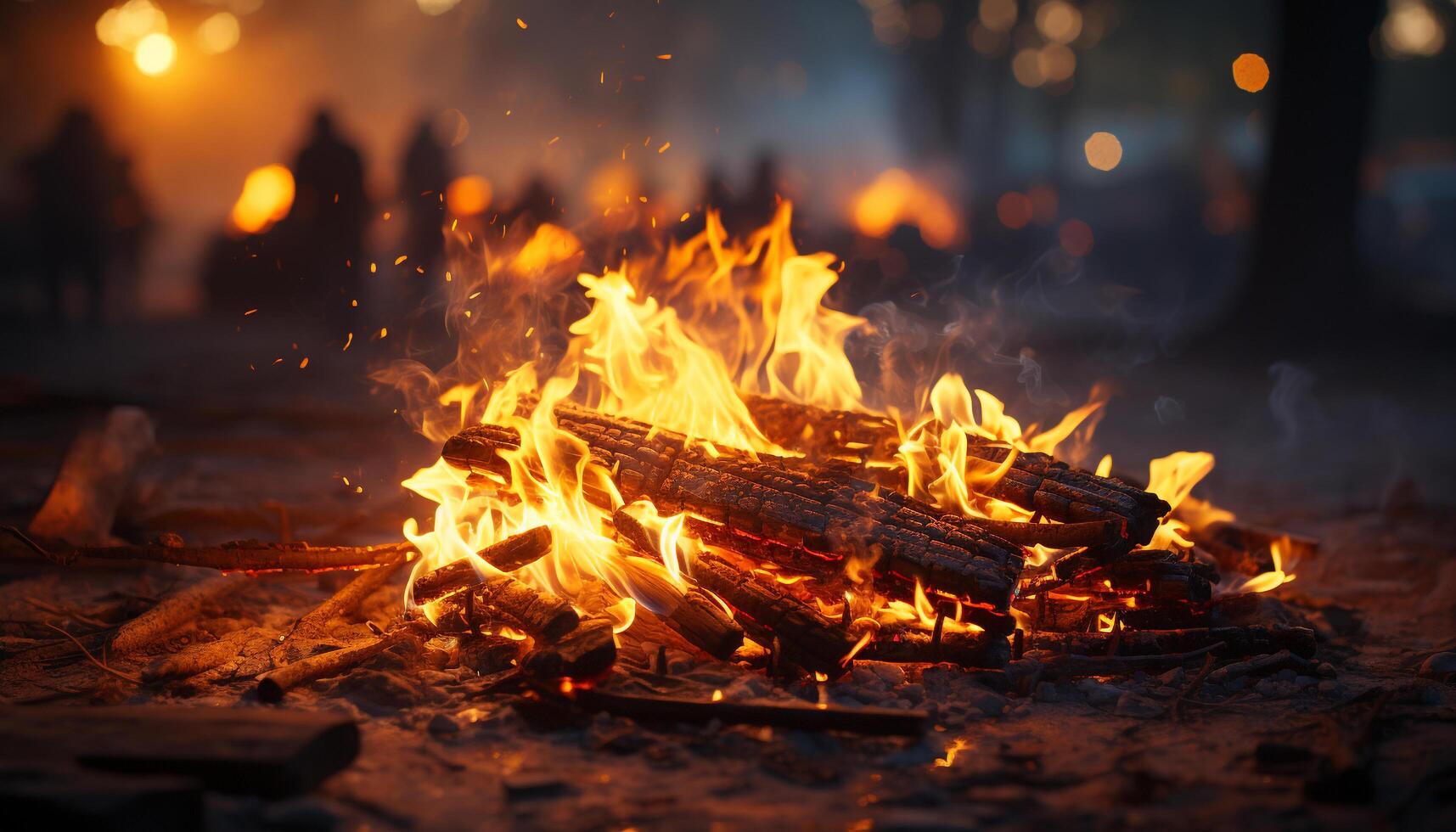 Flame ignites wood, creating a glowing bonfire in the dark forest generated by AI photo