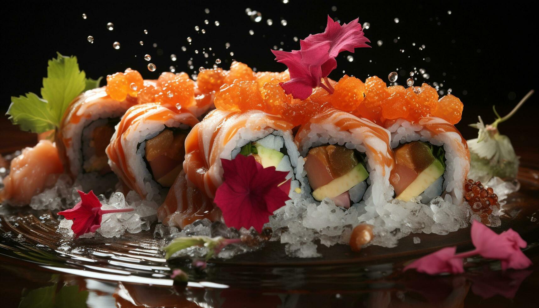 frescura y gastrónomo Mariscos comida, cerca arriba en plato de sashimi generado por ai foto