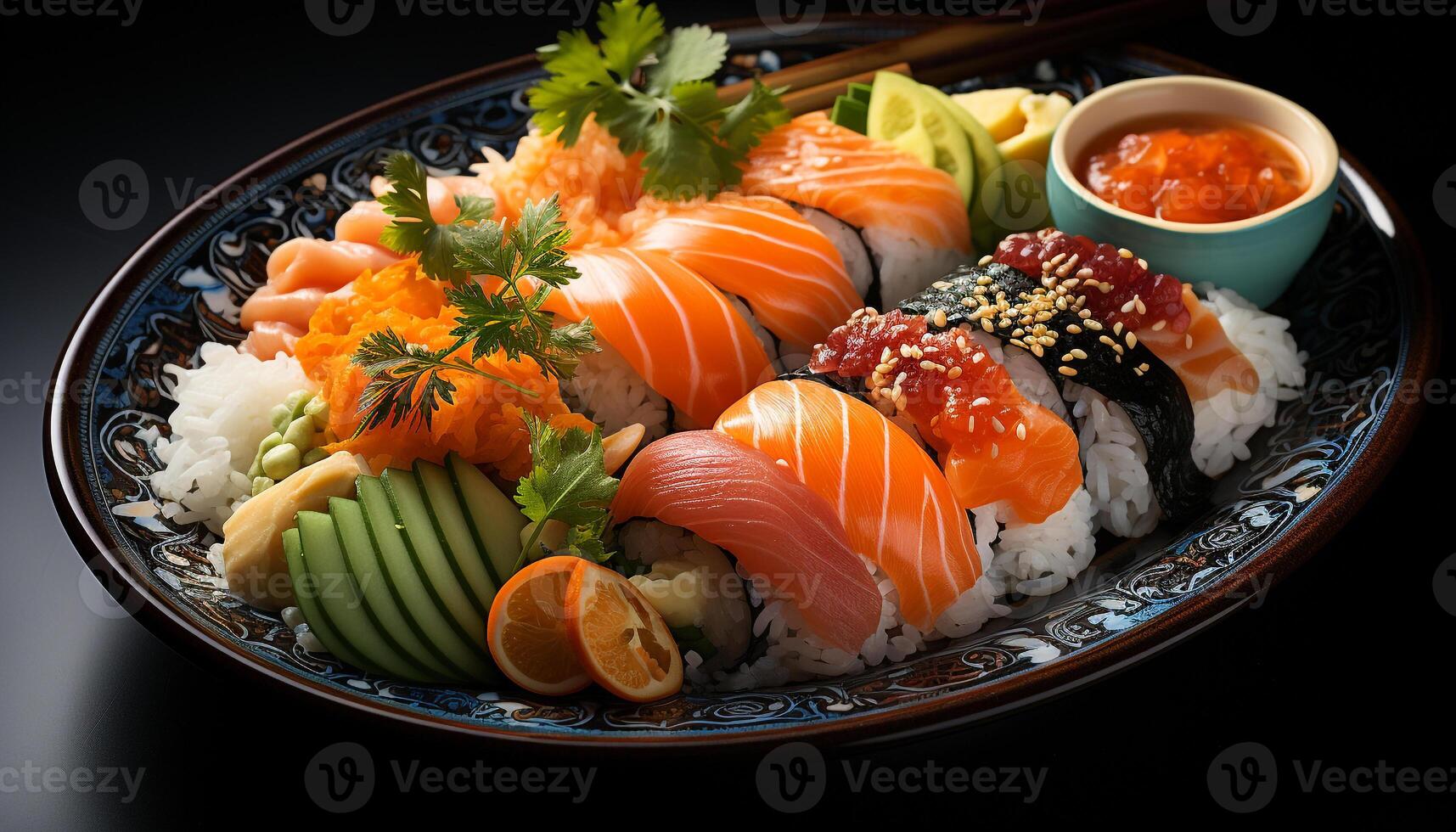 frescura y variedad en un plato de sano japonés Mariscos generado por ai foto