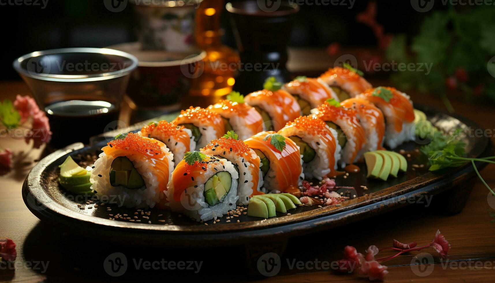 Fresh seafood on plate, close up of healthy sushi meal generated by AI photo