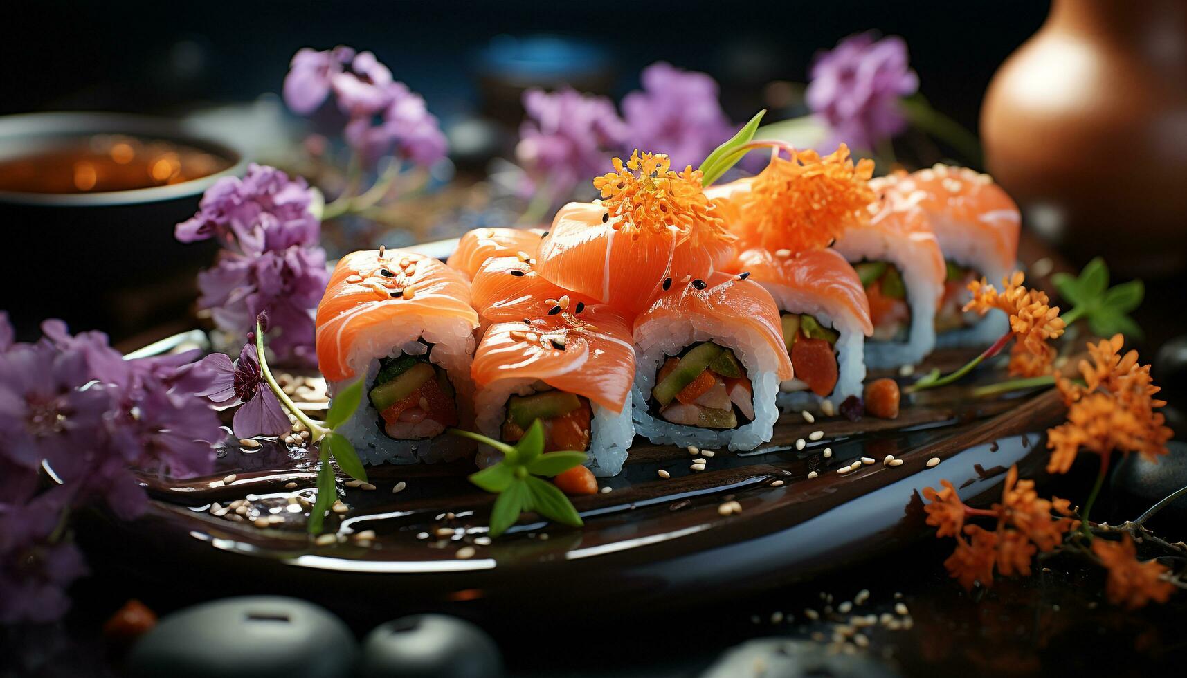 Fresh seafood plate, close up of fish sashimi, healthy eating culture generated by AI photo