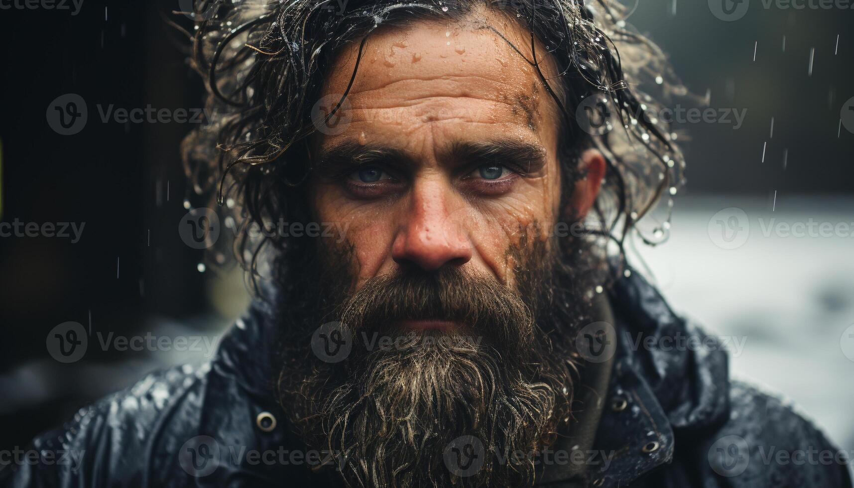 A bearded man in winter rain, looking confidently at camera generated by AI photo