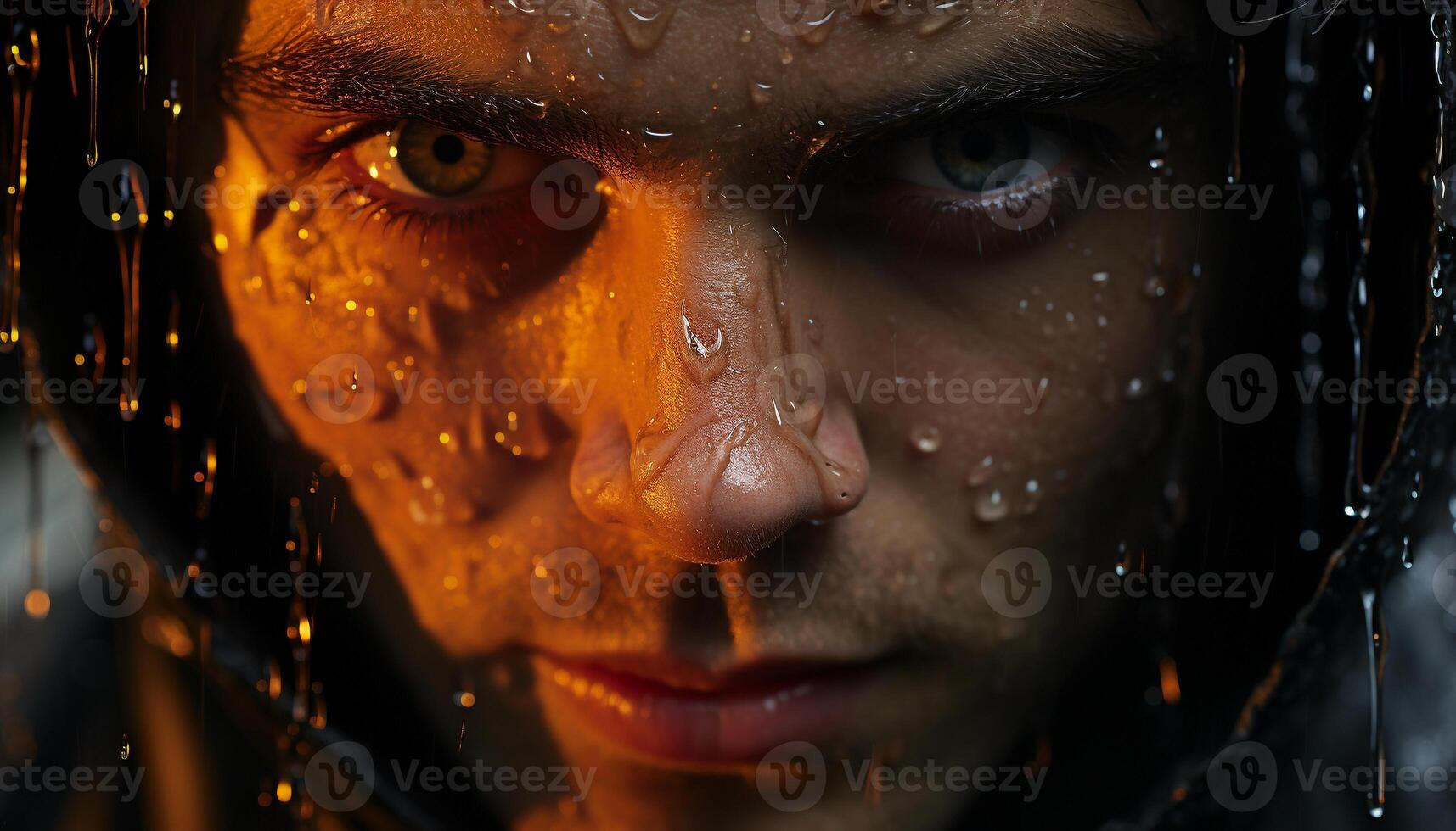 Young adult woman looking at camera in the rain generated by AI photo