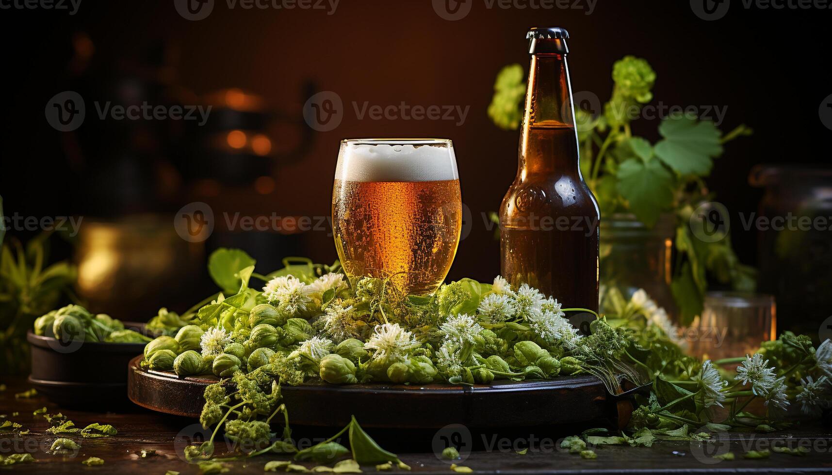 Freshness of nature in a rustic brewery, celebrating foamy, frothy beer generated by AI photo