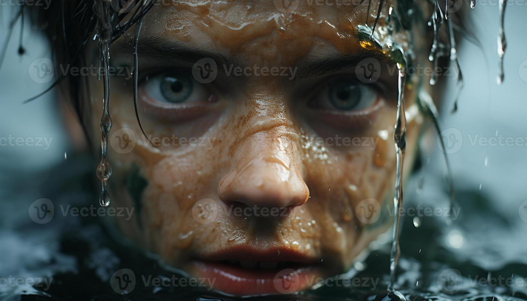 A wet child splashing water, having fun outdoors, looking at camera generated by AI photo