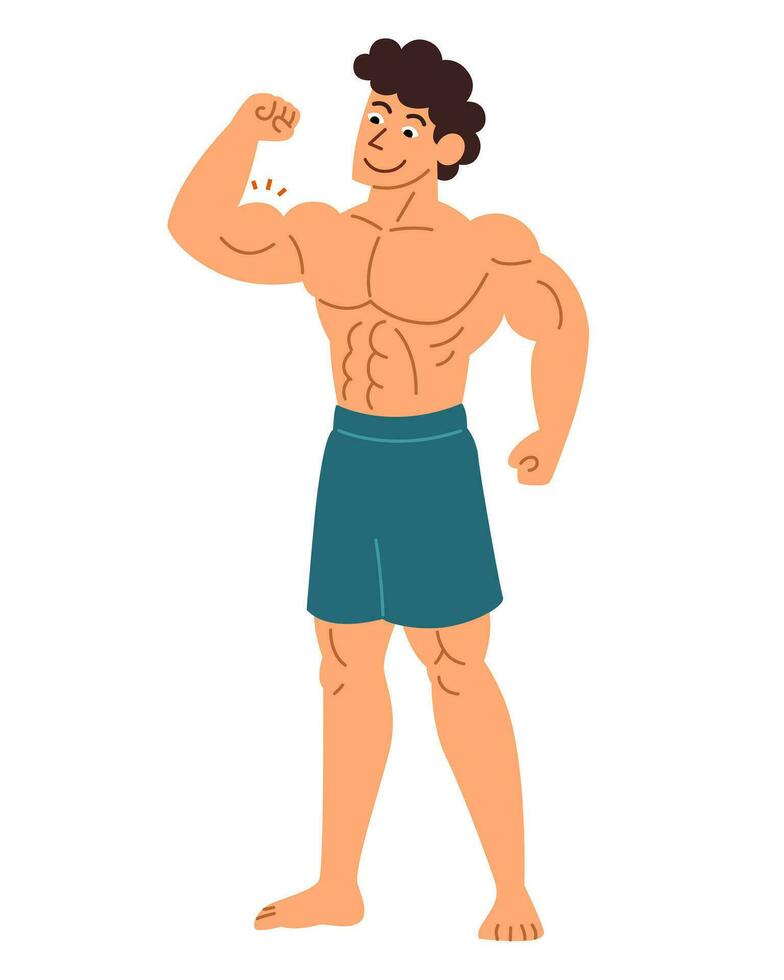 un sin camisa hombre soportes y se flexiona su brazo músculos. dibujos animados dibujo en un blanco antecedentes vector