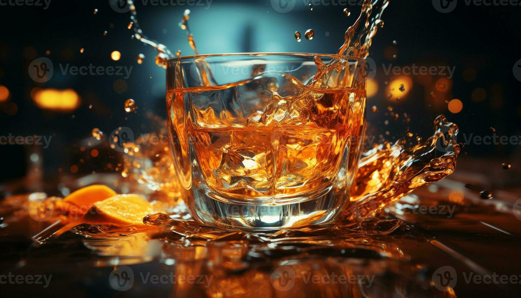 Whiskey glass reflects celebration, pouring liquid, ice, and refreshing cocktail generated by AI photo