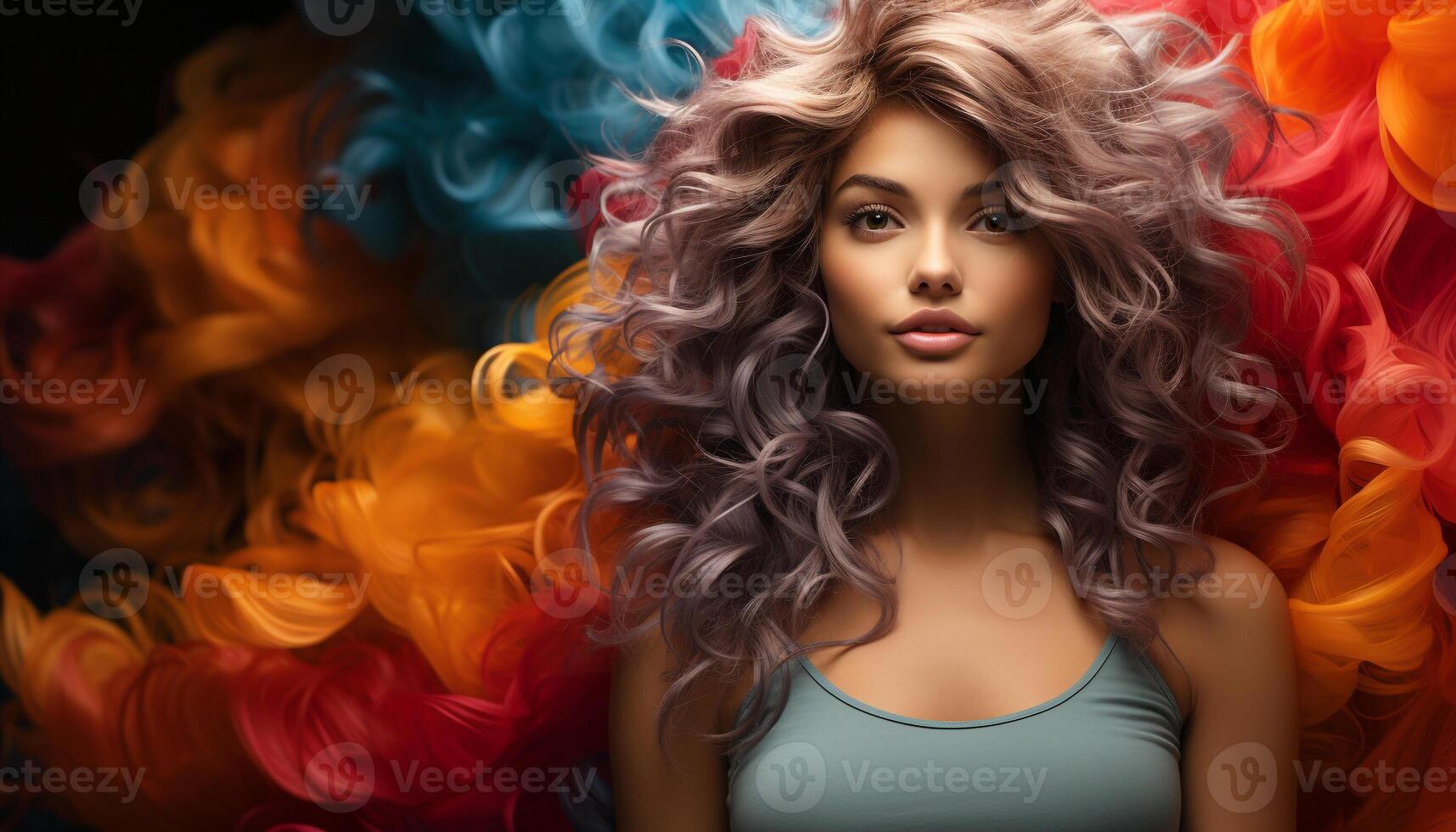 A beautiful young woman with curly brown hair looking at camera generated by AI photo