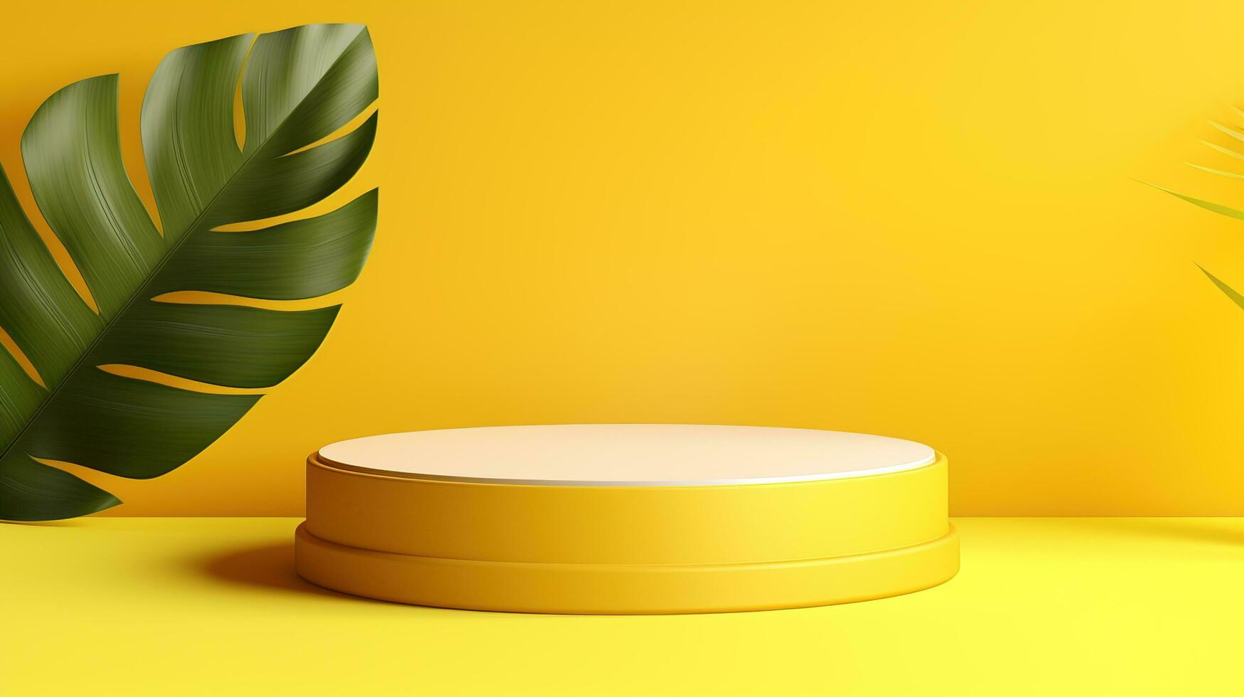 round round plastic container with tropical leaves on yellow background. AI generative photo