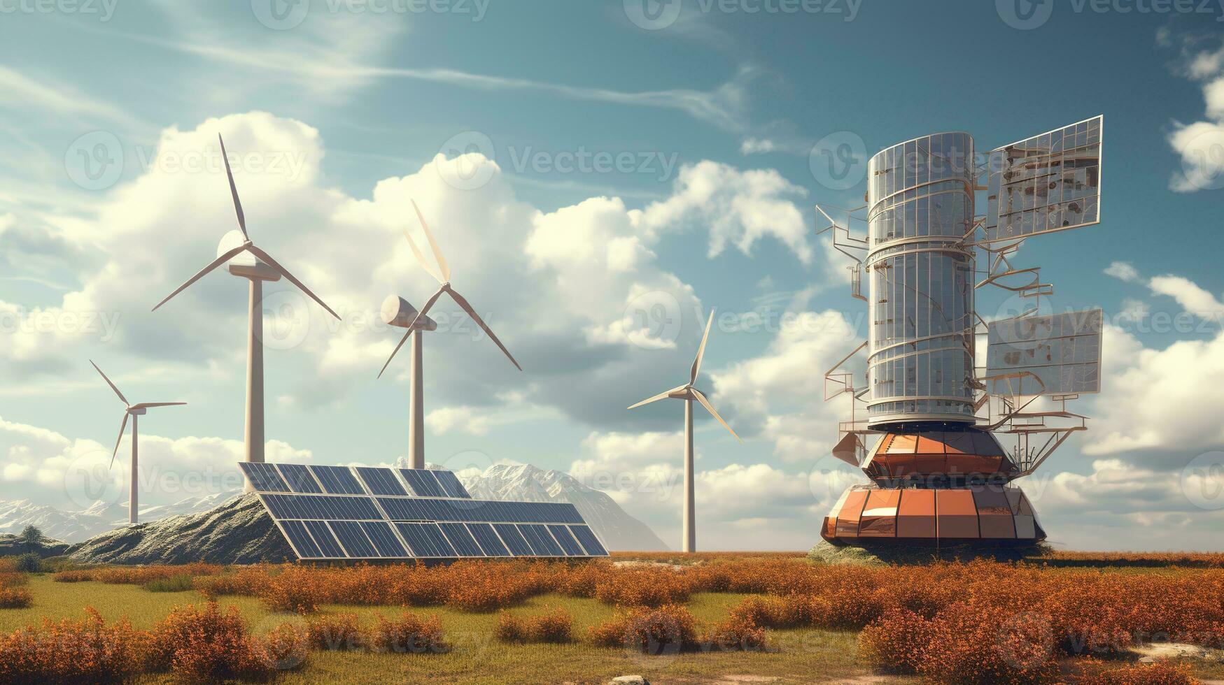 an image of a solar powered wind turbine.  AI generative photo