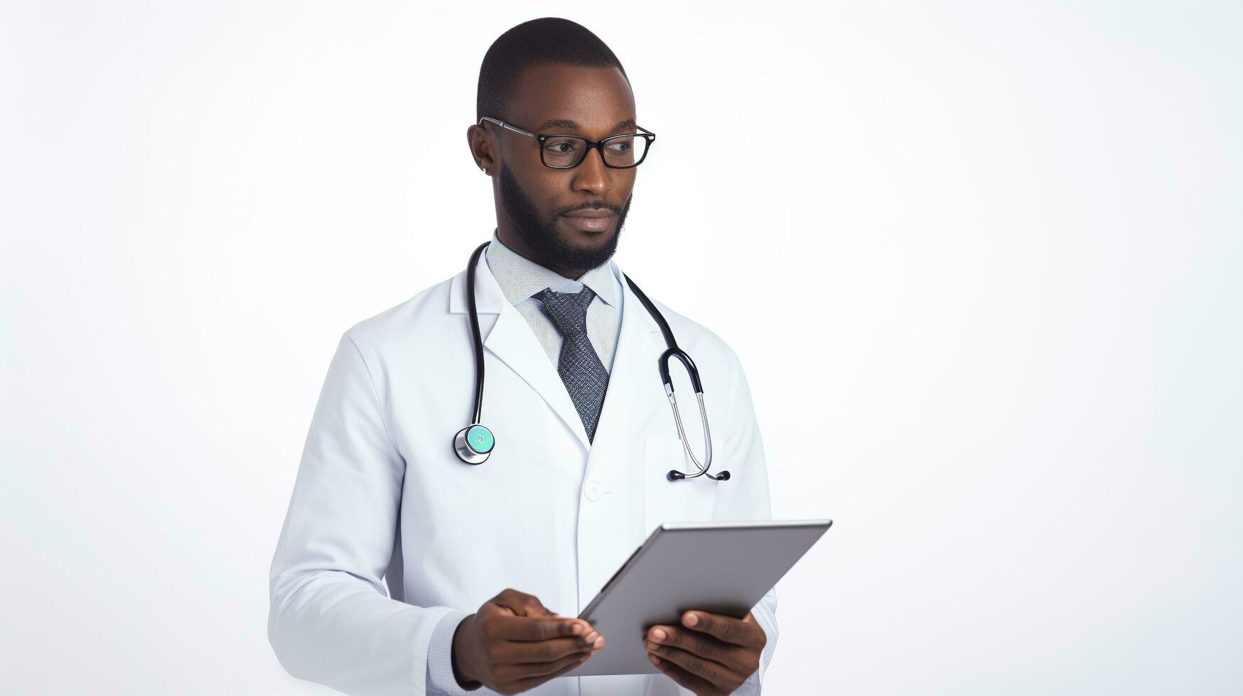 a black male doctor in a white coat is using a tablet. generative ai photo