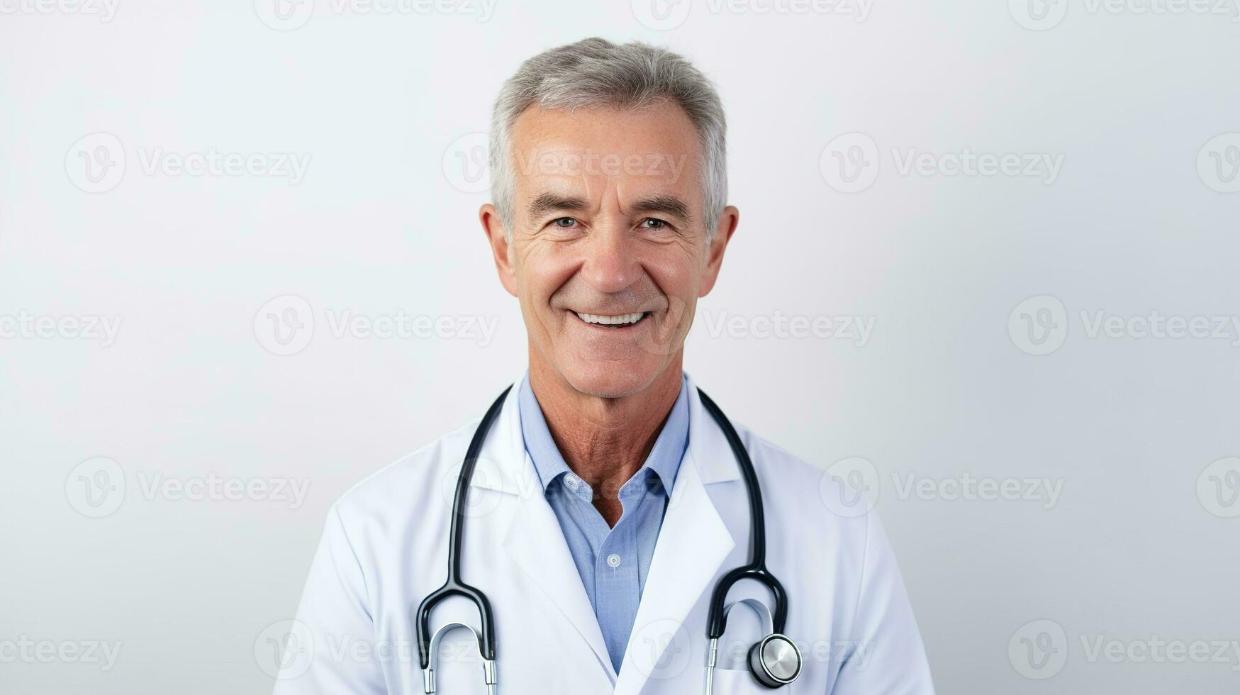 a smiling older man in a doctor's coat. AI generative photo