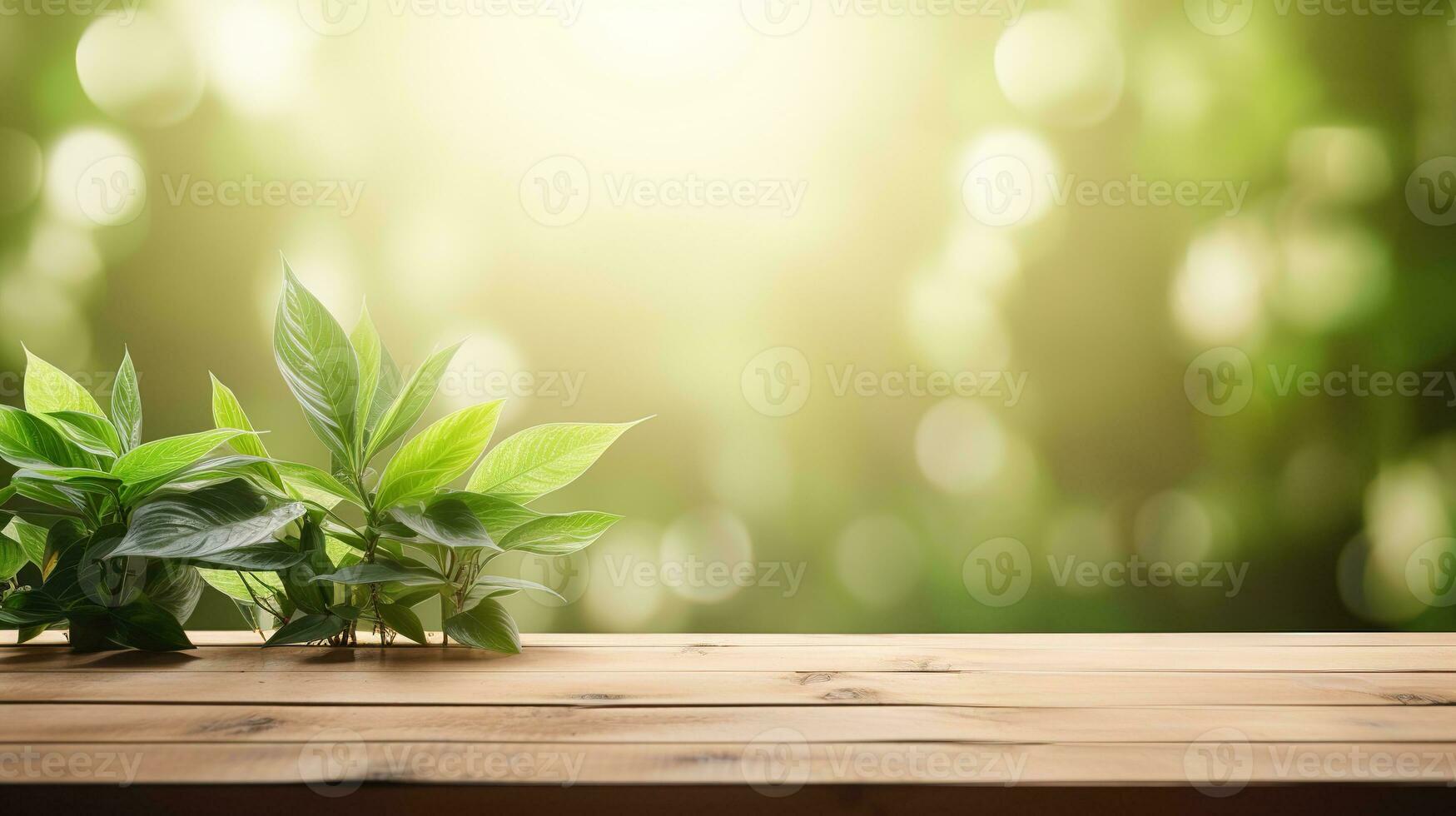 green plants on wooden table with sunlight, generative ai. photo