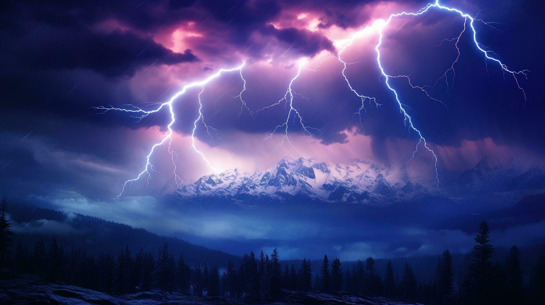 lightning storm over the lake with trees and water. AI generative photo