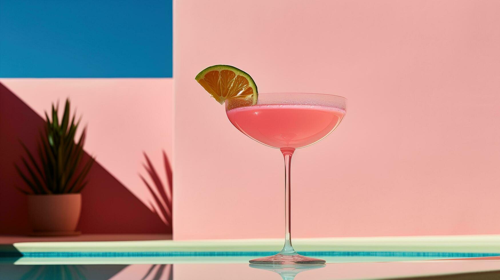 pink cocktail sitting a table next to a pool. AI generative photo